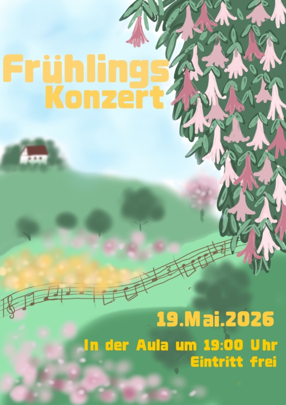Ein blühender Baum und blühende Wiesen, Noten tanzen durch das Bild