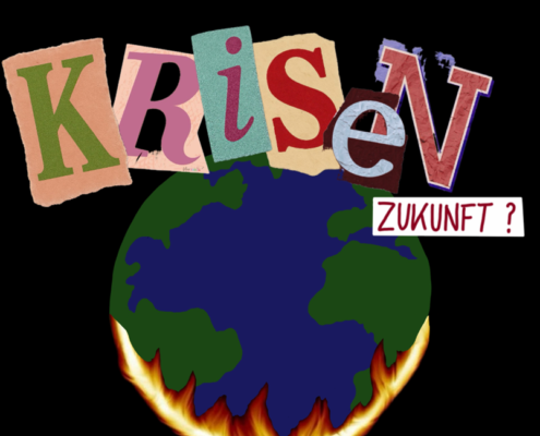 Die Worte Krisen Zukunft über einer brennenden Weltkugel